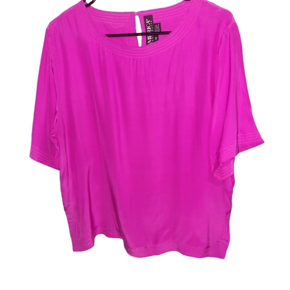 Vintage Perry Ellis Pink Silk Short Sleeve Top Blouse